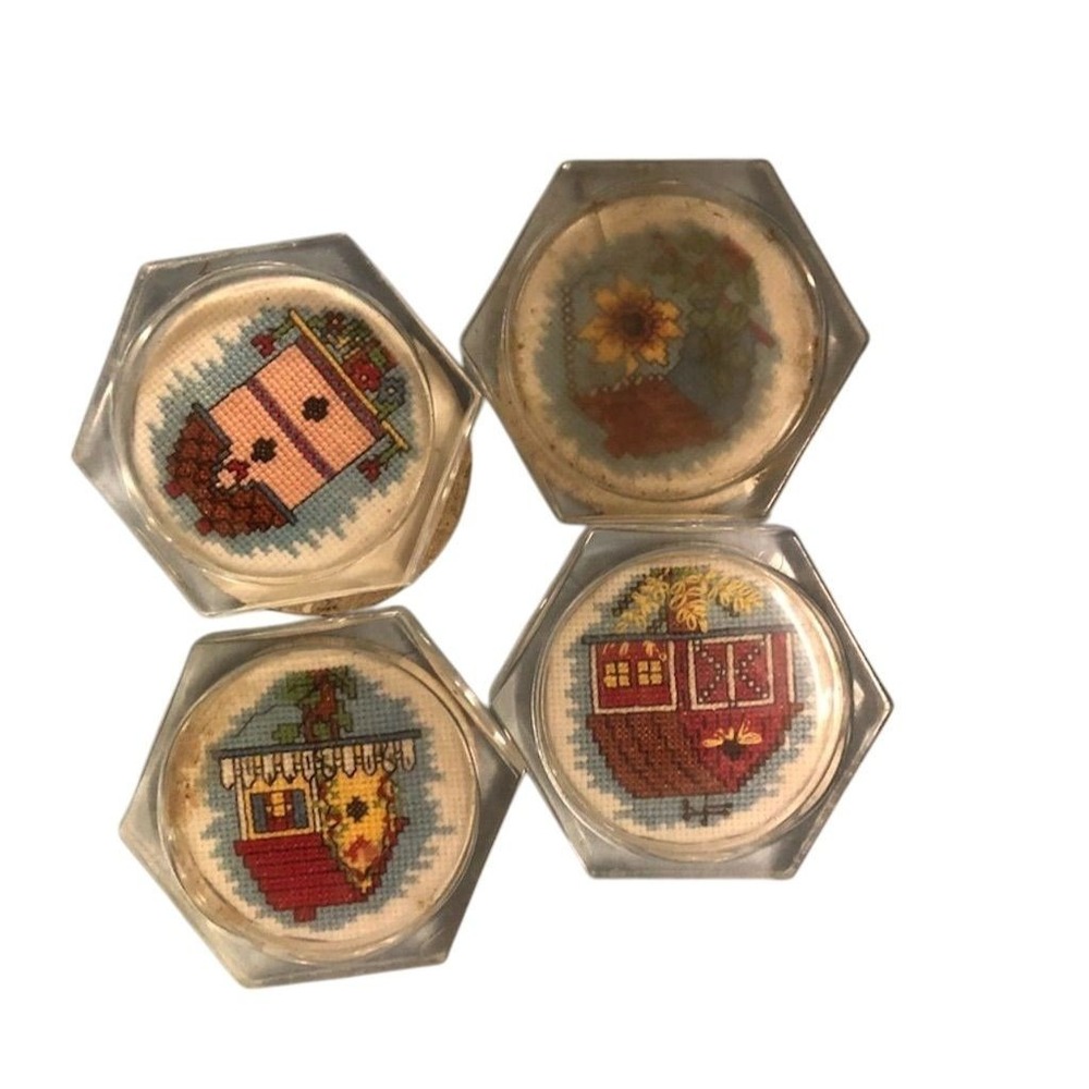 Set of 4 Vintage Cross-Stitch Hexagon‎ Coasters with Cork Backing